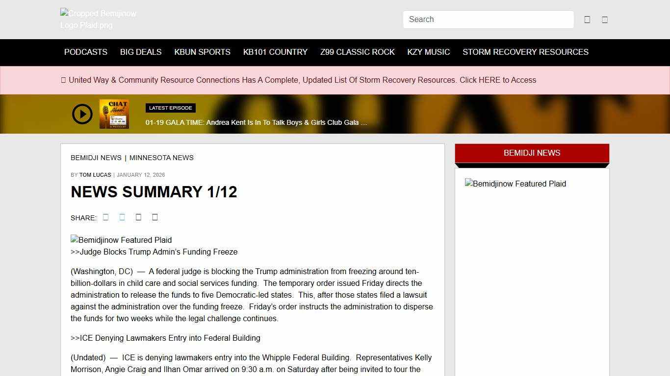 NEWS SUMMARY 1/12 – Bemidji Now